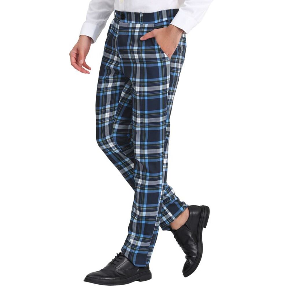 Navy Blue Plaid Pants Regular Fit Flat Front Classic Elastic Waist Suit Pants